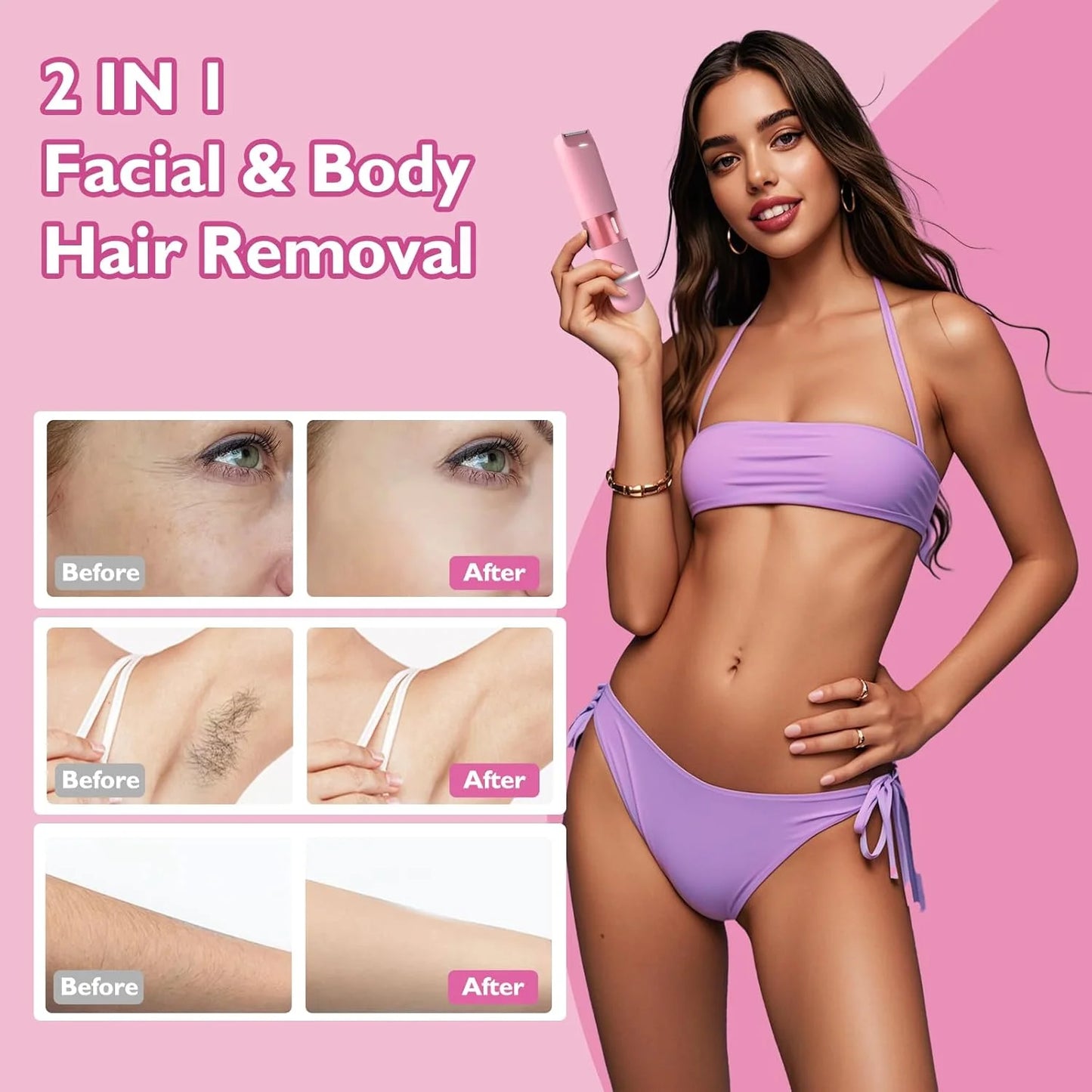 2 in 1 Women Electric Shaver, Dual Head Bikini Trimmer for Women IPX7 Waterproof Wet & Dry Use Body Hair Trimmer and Facial Hair Remover for Bikini Underarm Leg Arm Body Face