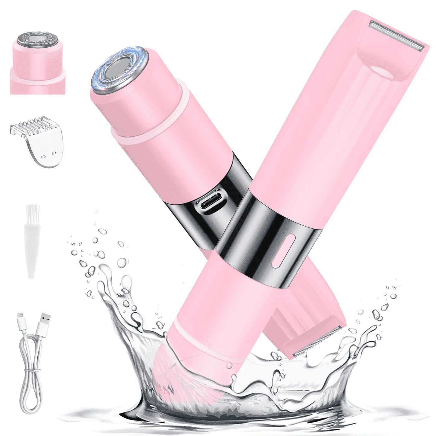2 in 1 Women Electric Shaver, Dual Head Bikini Trimmer for Women IPX7 Waterproof Wet & Dry Use Body Hair Trimmer and Facial Hair Remover for Bikini Underarm Leg Arm Body Face