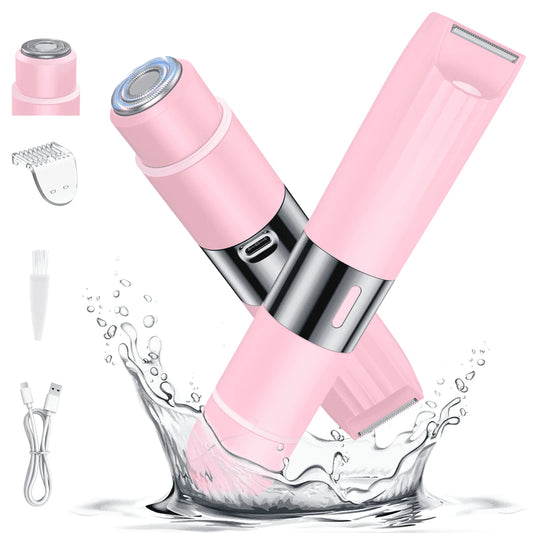 2 in 1 Women Electric Shaver, Dual Head Bikini Trimmer for Women IPX7 Waterproof Wet & Dry Use Body Hair Trimmer and Facial Hair Remover for Bikini Underarm Leg Arm Body Face